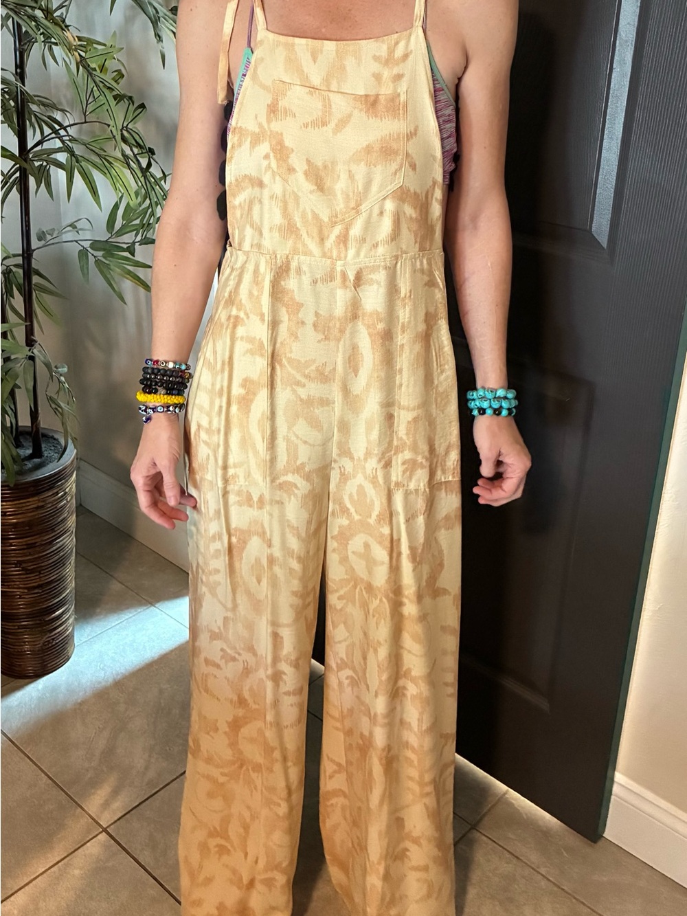 Women's Beige Patterned Wide-Leg Jumpsuit